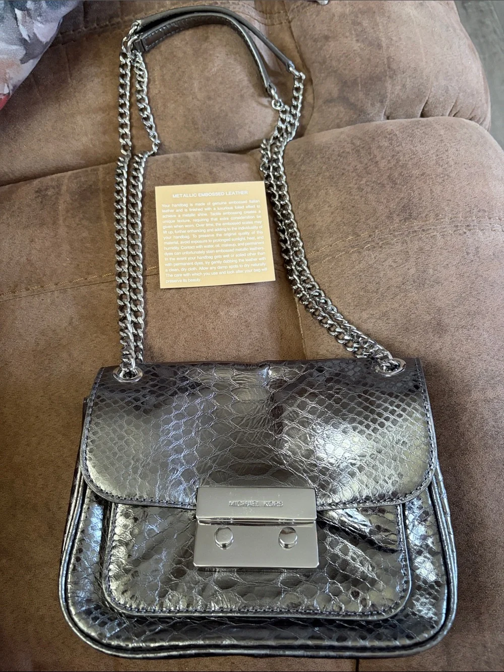 Michael Kors Silver Metallic Snake-Embossed Crossbody Bag NWOT